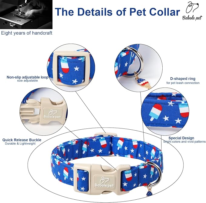 Babole Pet 4th of July Dog Collar, Summer Popsicle Patriotic Dog Collars for Puppy Small Dogs, Adjustable Lightweight Quick-Release Buckle Collar for Boy&Girl Dogs XS