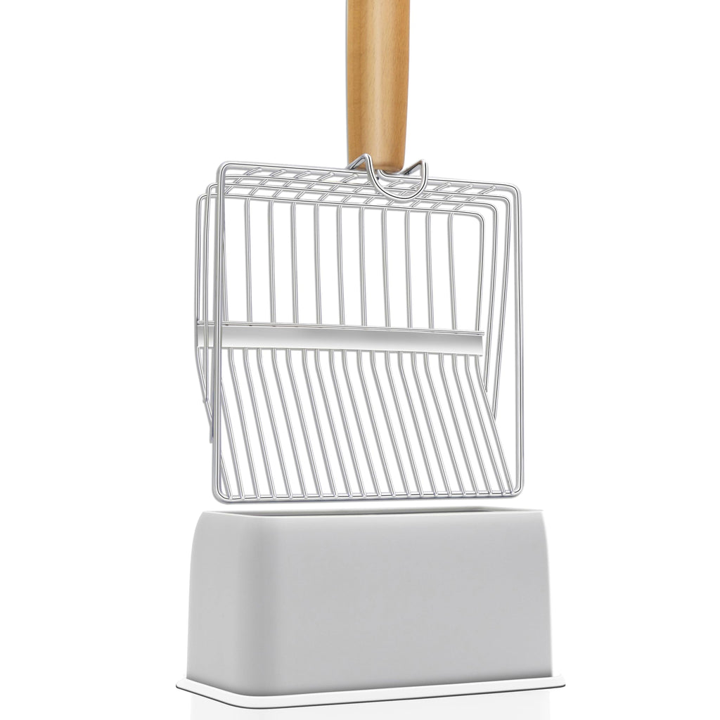 UFECODO Fast Sifting Cat Litter Scoop with Holder Stand, 2 Widths of Slots Stainless Steel Poop Scooper with Ergonomic Wood Handle, Heavy Duty and Easy Clean
