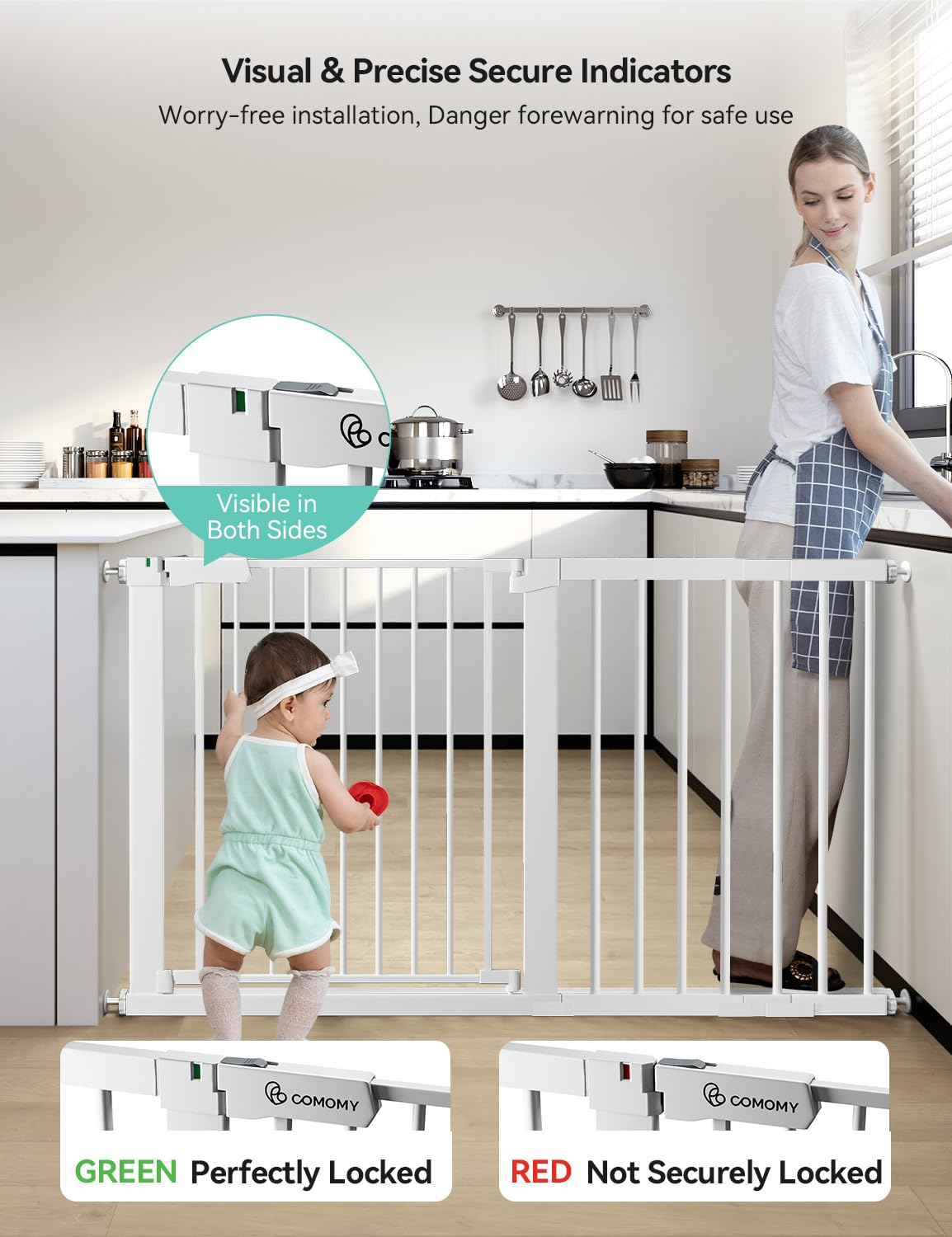 COMOMY 30" Tall Baby Gate for Stairs Doorways, Fits 29.5" to 51.6" Openings