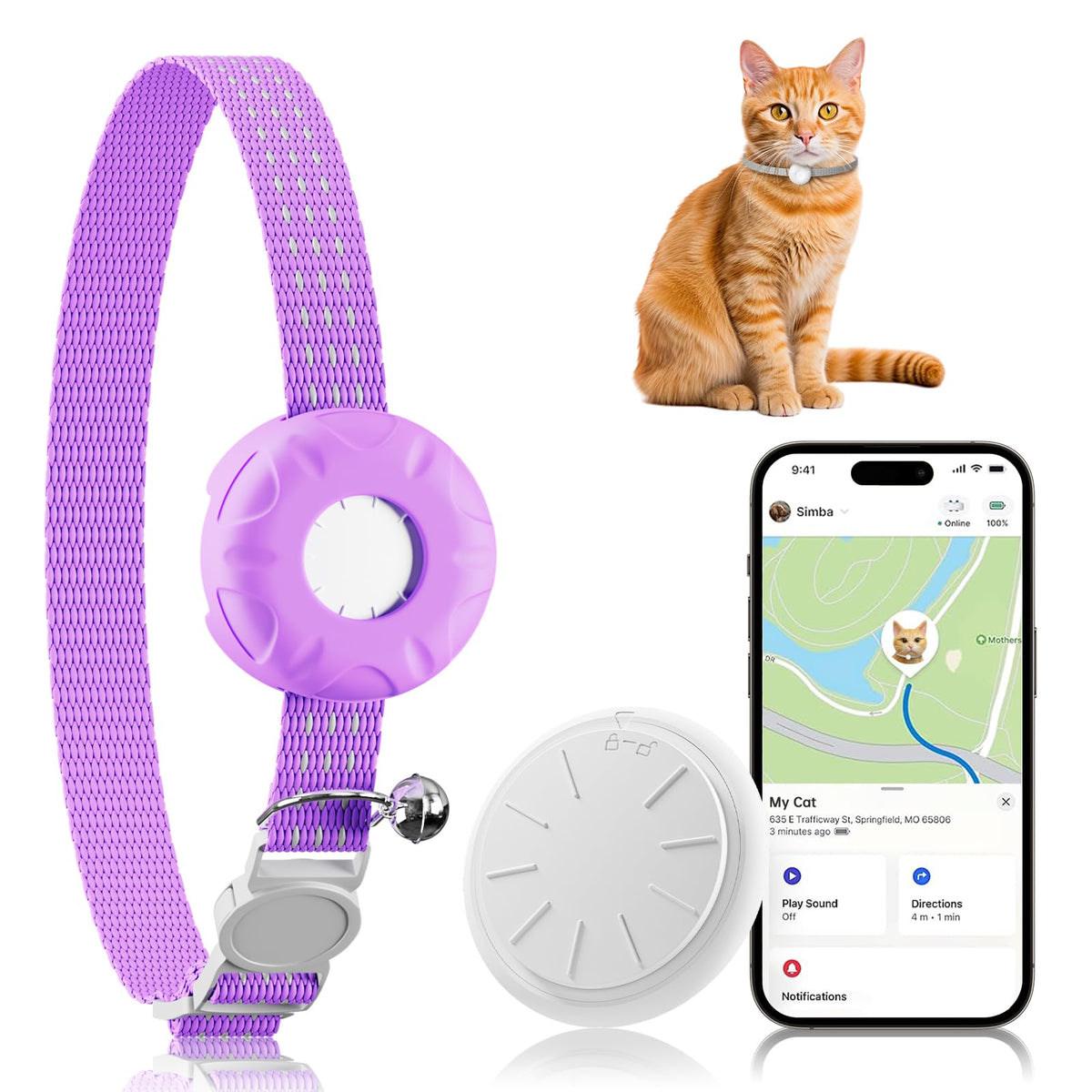 ZFSJTAG GPS Tracker for Cat, Cat Tracker Compatible with Apple Find My App (Only iOS), No Monthly Fee, Waterproof, Breakaway Collar Included, Up to 1 Year Battery, Purple