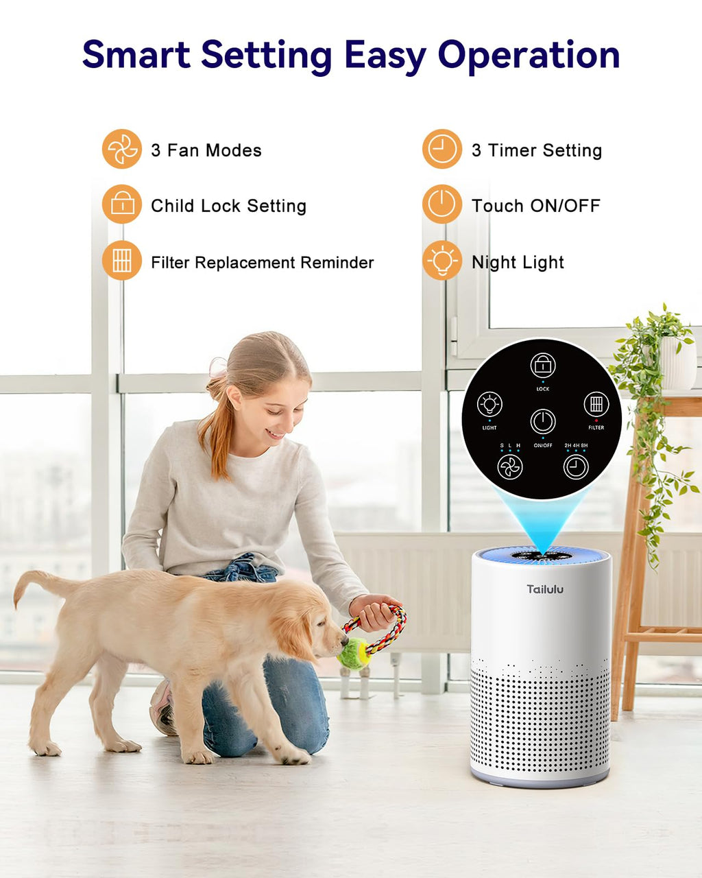 Tailulu Air Purifiers for Home 1200 Ft², H13 True HEPA Air Purifier Bedroom