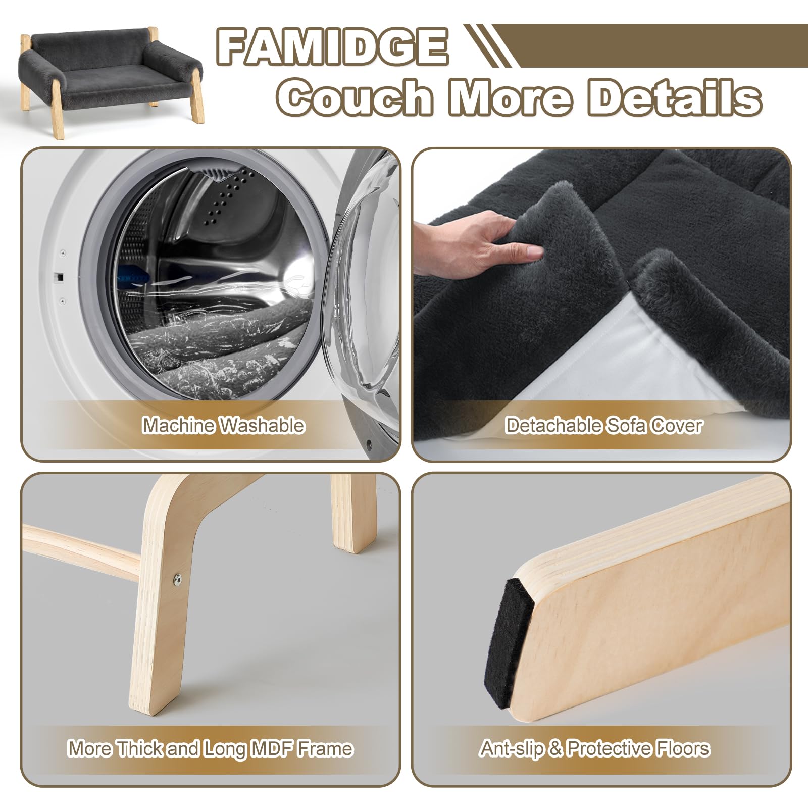 FAMIDGE Elevated Cat Couch Bed for Indoor Cats - Wooden Pet Sofa with Removable Washable Thick Cover Raised Kitty Lounge Chair Suitable for Puppy or Small Animals(Cat Sofa Grey)