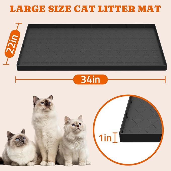 Pawtners Silicone Cat Litter Mat 34 x 22 in, Easy to Clean, Black, 2 Pack