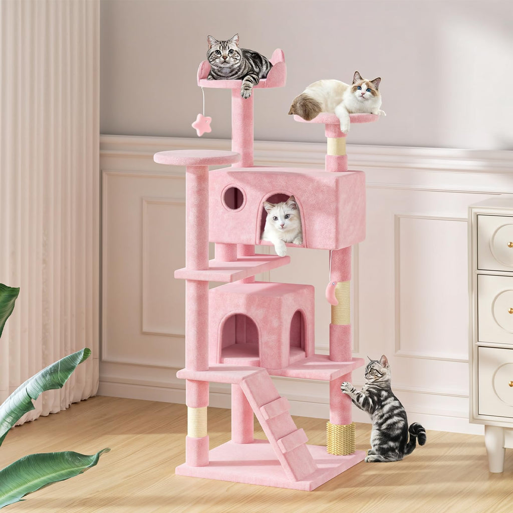 MoNiBloom 54 Inch Cat Tree Tower for Indoor Cats Large Adults, Pink Cat Tower with Scratching Post, Multi-Level Furniture Activity Center with Cat Condo Pet Play House, Soft Pink