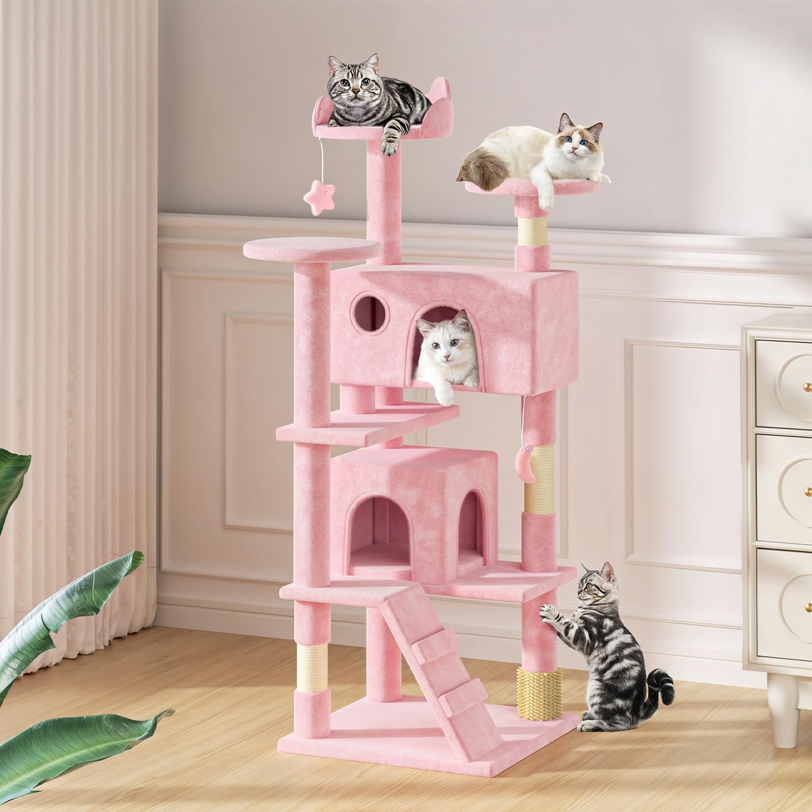 MoNiBloom 54 Inch Cat Tree Tower for Indoor Cats Large Adults, Pink Cat Tower with Scratching Post, Multi-Level Furniture Activity Center with Cat Condo Pet Play House, Soft Pink