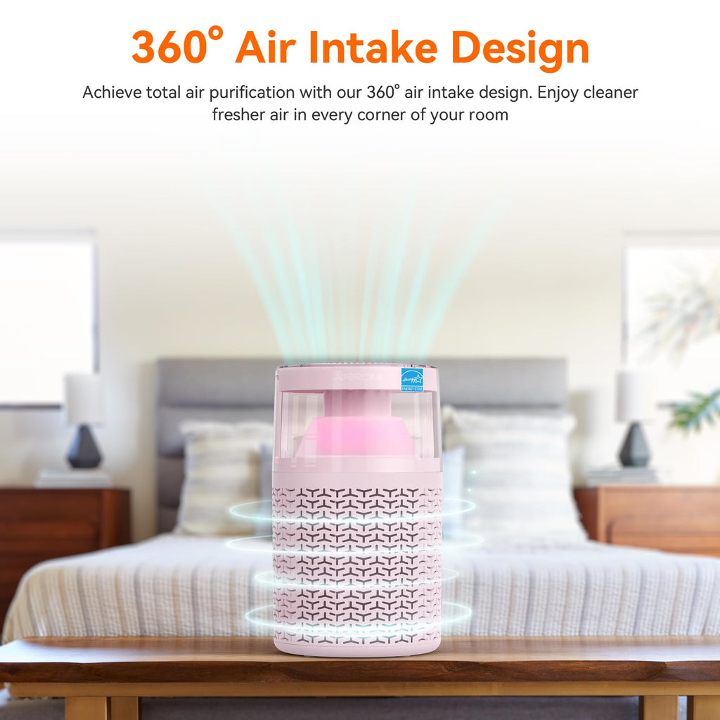 AIRROMI Pet Air Purifier for Home & Bedroom, HEPA Activated Carbon Filter, Removes Pet Dander & Odor, Allergies, Smoke, Hair, Night Light, Fragrance Sponge, Up to 658 ft², A2002 Pink
