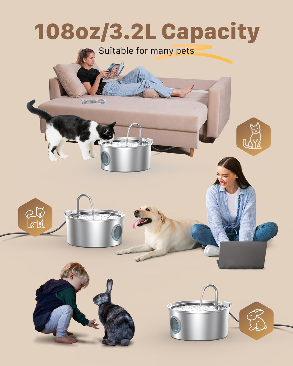 Cat Fountains for Drinking Stainless Steel: 108oz/3.2L Cat Water Fountain with 6 Filters + 3 Sponges - Running Pet Water Fountain Filtered - GIOTOHUN Faucet Like Pet Water Fountains for Cats Indoor
