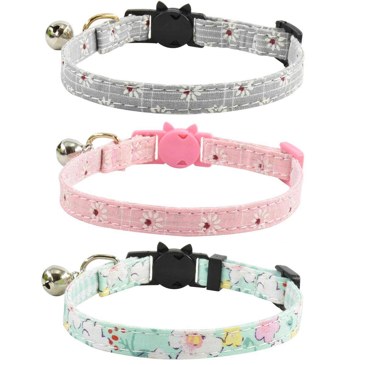 Breakaway Cat Collars with Bell, Set of 3, Durable & Safe Cute Kitten Collars Safety Adjustable Kitty Collar for Cat Puppy 7.5-11in (Gray,Pink,Blue)