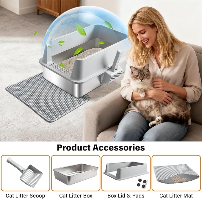 2 Pack Stainless Steel Litter Box,XL Metal Cat Litter Box with Lid High Sides,Extra Large Litter Box for Big Cats,Odor-Resistant, Scratch-Proof, Easy to Clean,Scoop &Mat Included