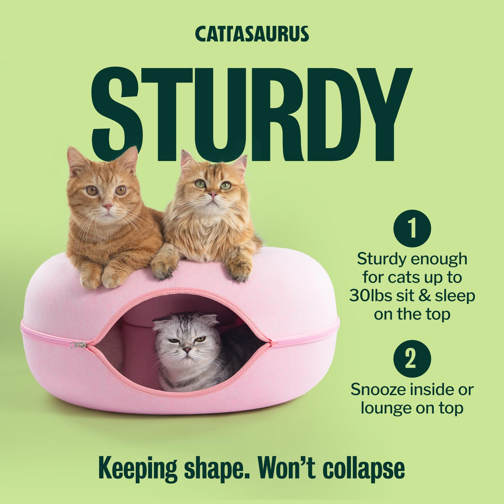 Cattasaurus Peekaboo Cat Cave Donut for Multiple & Large Cats up to 30-45 lbs, 3-in-1 Self Warming Cat Bed, Tunnel & Scratcher for Indoor Cats, Washable & Detachable Small Dog Bed (Pink, Large)