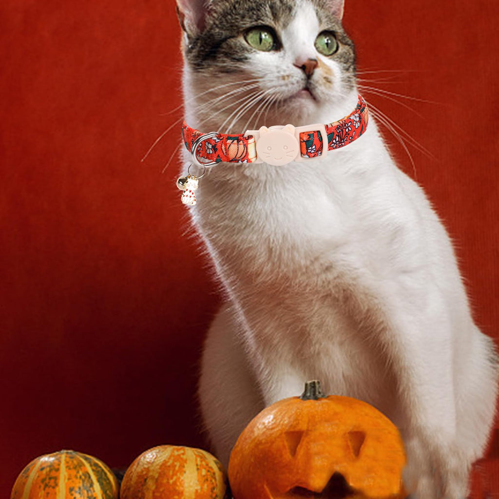 Elegant little tail Halloween Cat Collar-2 Pack Pumpkin Print Fall Cotton Breakaway Cat Collars with Bell Pendant Kitten Boy Girl Safety Adjustable Collar for Small Cats Puppy