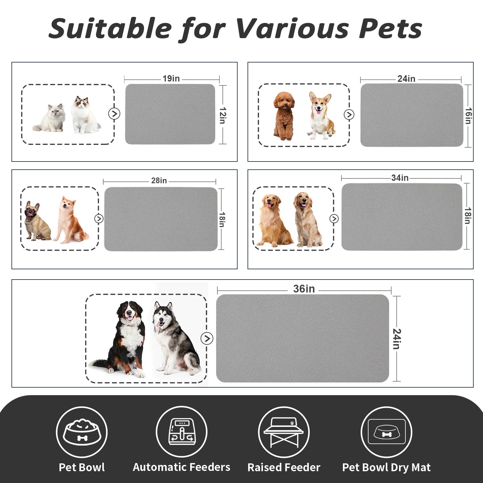 HotLive Dog Food Mat - Absorbent Cat Mat for Food and Water, No Stains Pet Feeding Bowl Mat, Easy to Clean Pet Placemats, Quick Dry Dog Water Dispenser Mat for Messy Drinkers | Grey 12"x 19"