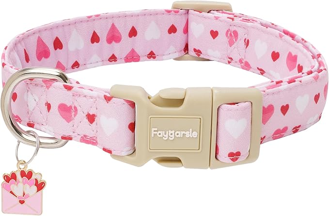 Faygarsle Valentine's Day Dog Collar, Pink with Red and White Hearts Pattern, Heart Charm, M