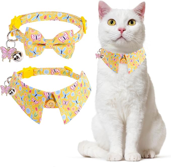 DILLYBUD Cotton Cat Collar Breakaway, Cat Bowtie Collars with Bell