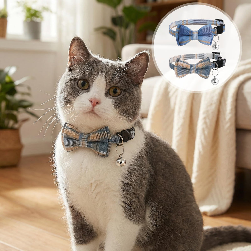 Xyembu 2Pcs Cat Collar Breakaway, Cute Plaid Cats Collar with Bells Soft Adjustable Kitten Accessories, Cat Bowtie Collar with Cat Buckle for Kitten Puppy and Small Pets