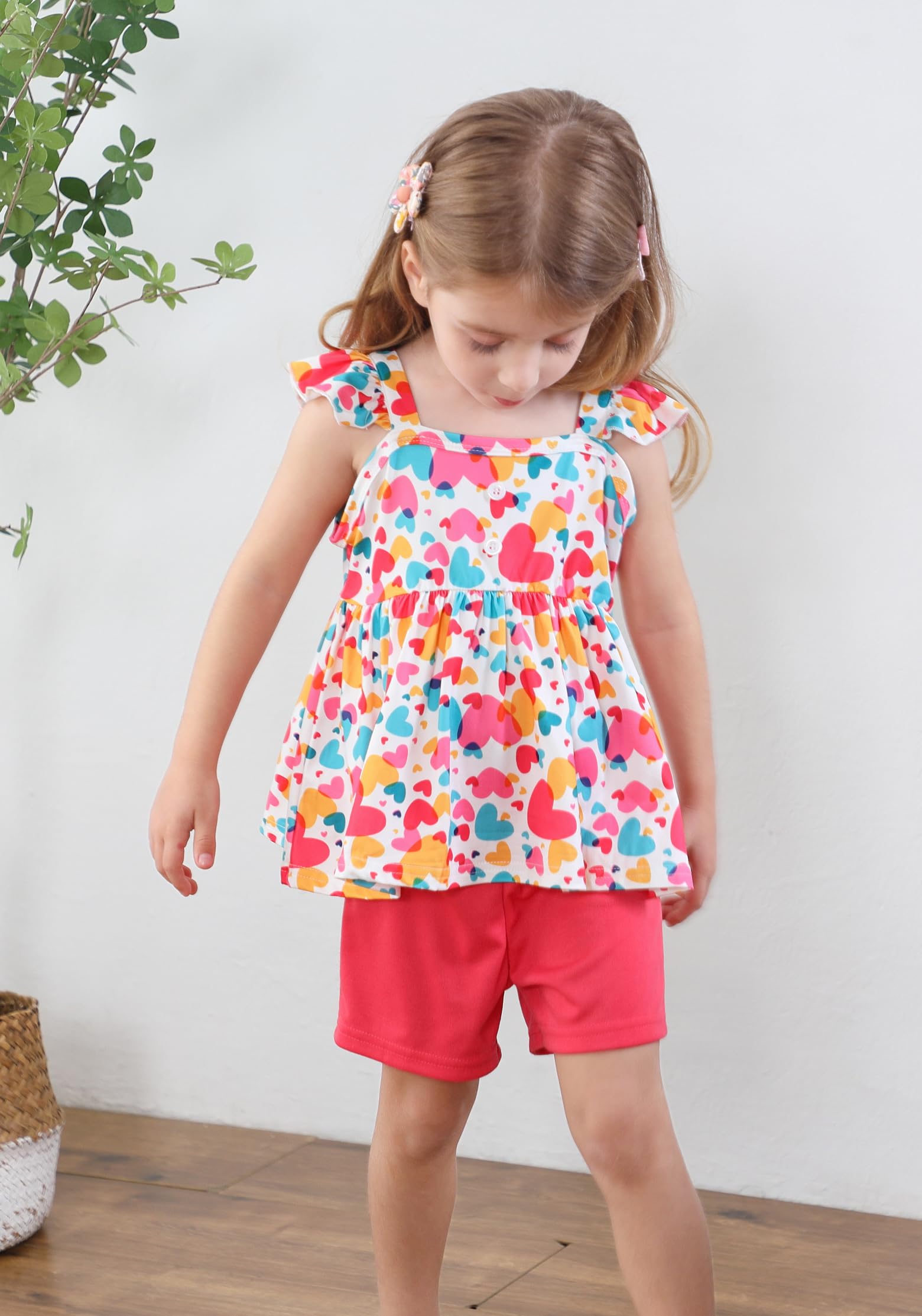Popshion Girls Valentine's Day Outfit Toddler Girls Summer Clothes 2 Piece Set Heart Ruffle Sleeveless Shirt and Red Short Clothing Set Size 6t/6653