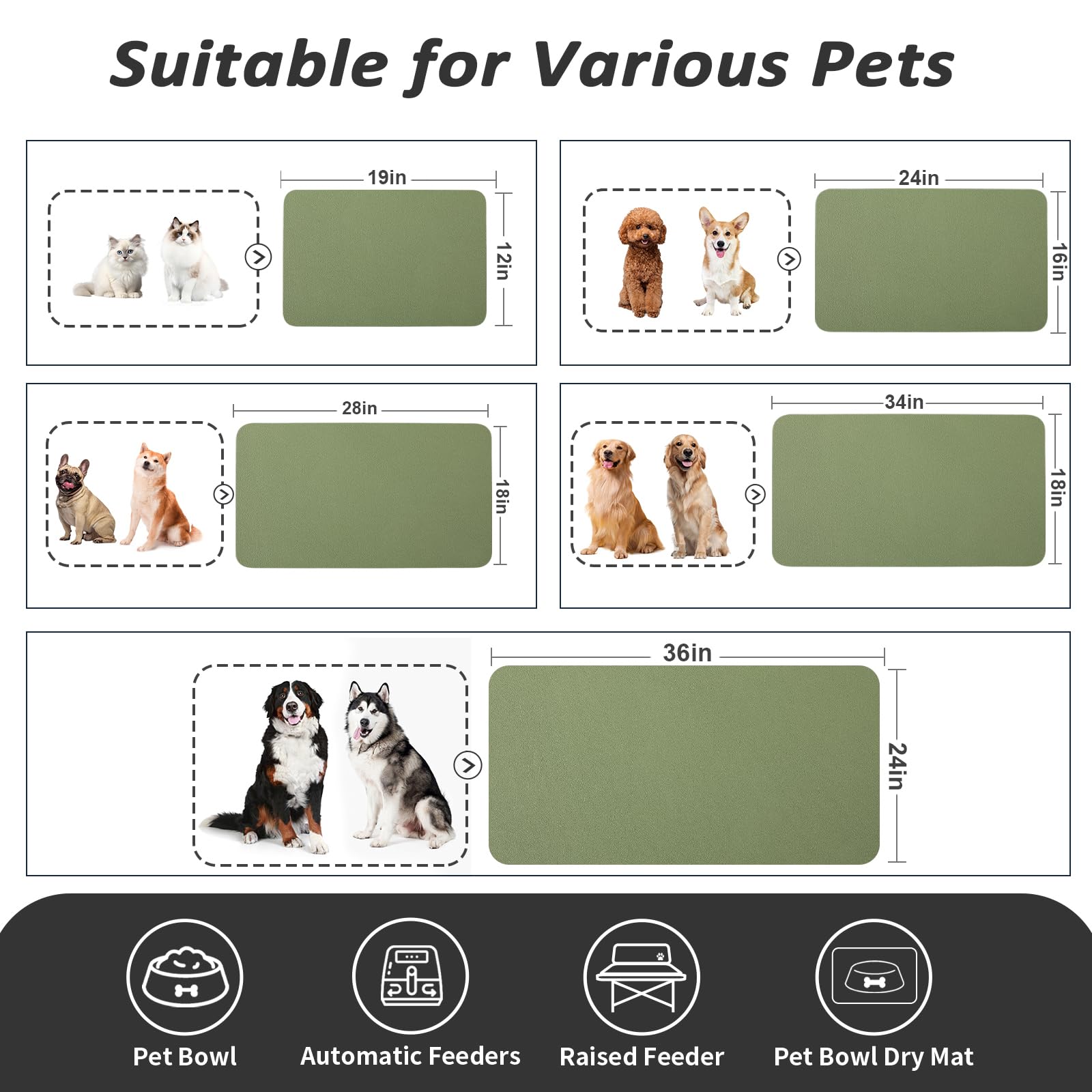 HotLive Dog Food Mat - Absorbent Cat Mat for Food and Water, No Stains Pet Feeding Bowl Mat, Easy to Clean Pet Placemats, Quick Dry Dog Water Dispenser Mat for Messy Drinkers | Green 12"x 19"