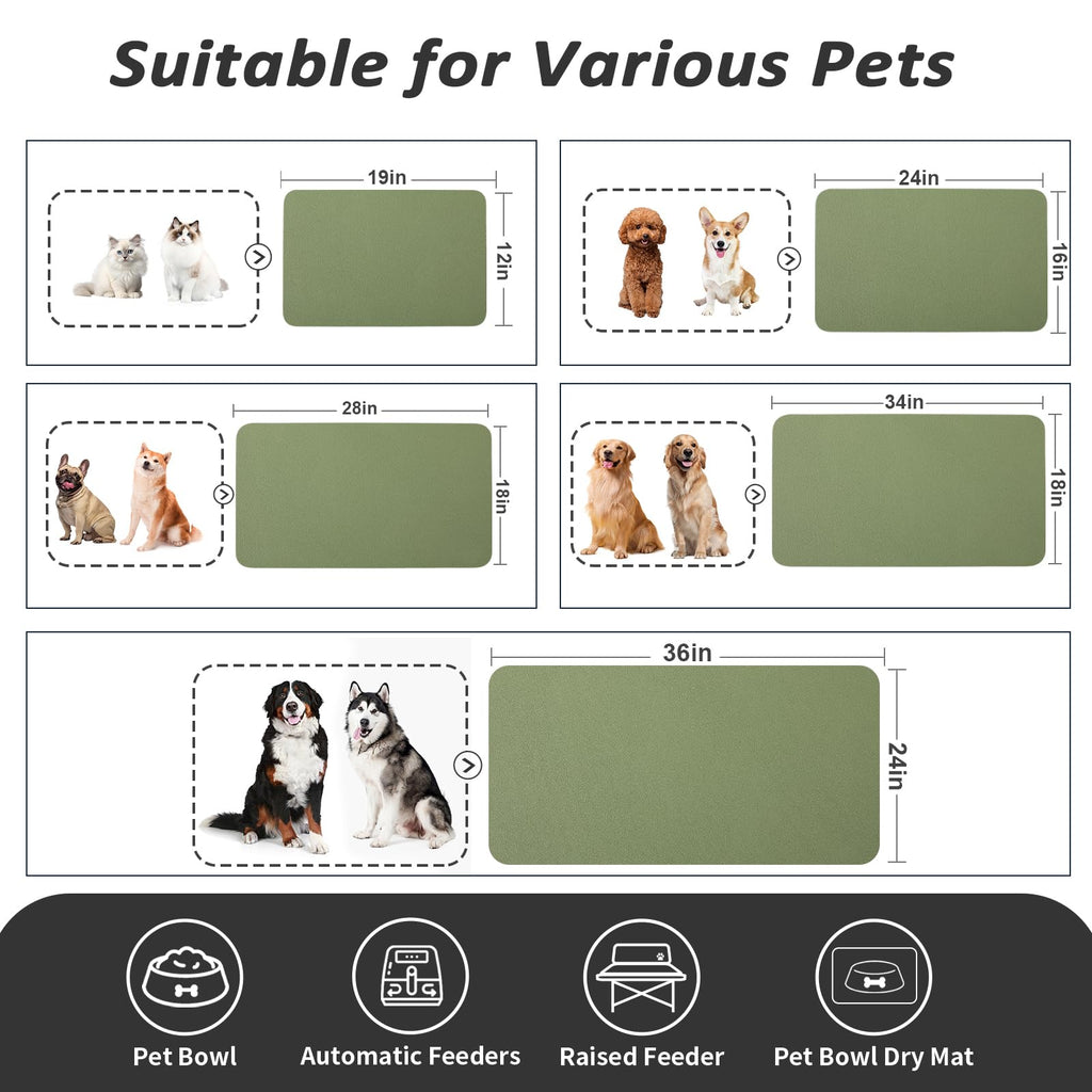 HotLive Dog Food Mat - Absorbent Cat Mat for Food and Water, No Stains Pet Feeding Bowl Mat, Easy to Clean Pet Placemats, Quick Dry Dog Water Dispenser Mat for Messy Drinkers | Green 16"x 24"