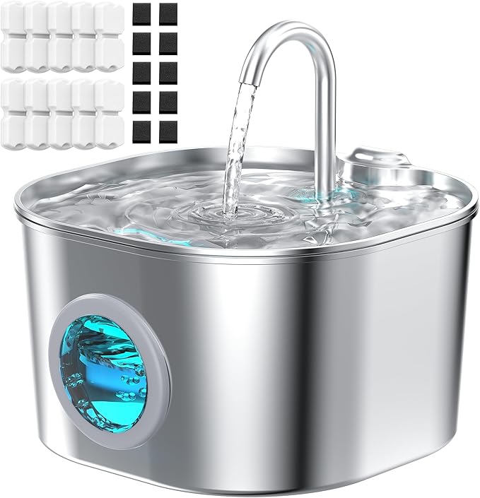 HOOISE Cat Water Fountain with 8 Filters + 5 Sponges,Small Pet Waterer Dispenser Fountains for Drinking Cats Indoor Metal Automatic Waterer Bowl 24/7 Running Auto Kitty Watering Supplies Quiet Pump