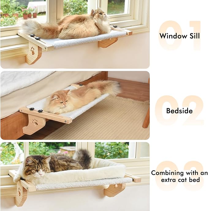 AMOSIJOY Cat Windowsill Perch with Wood & Metal Frame for Large Cat, 21.7in
