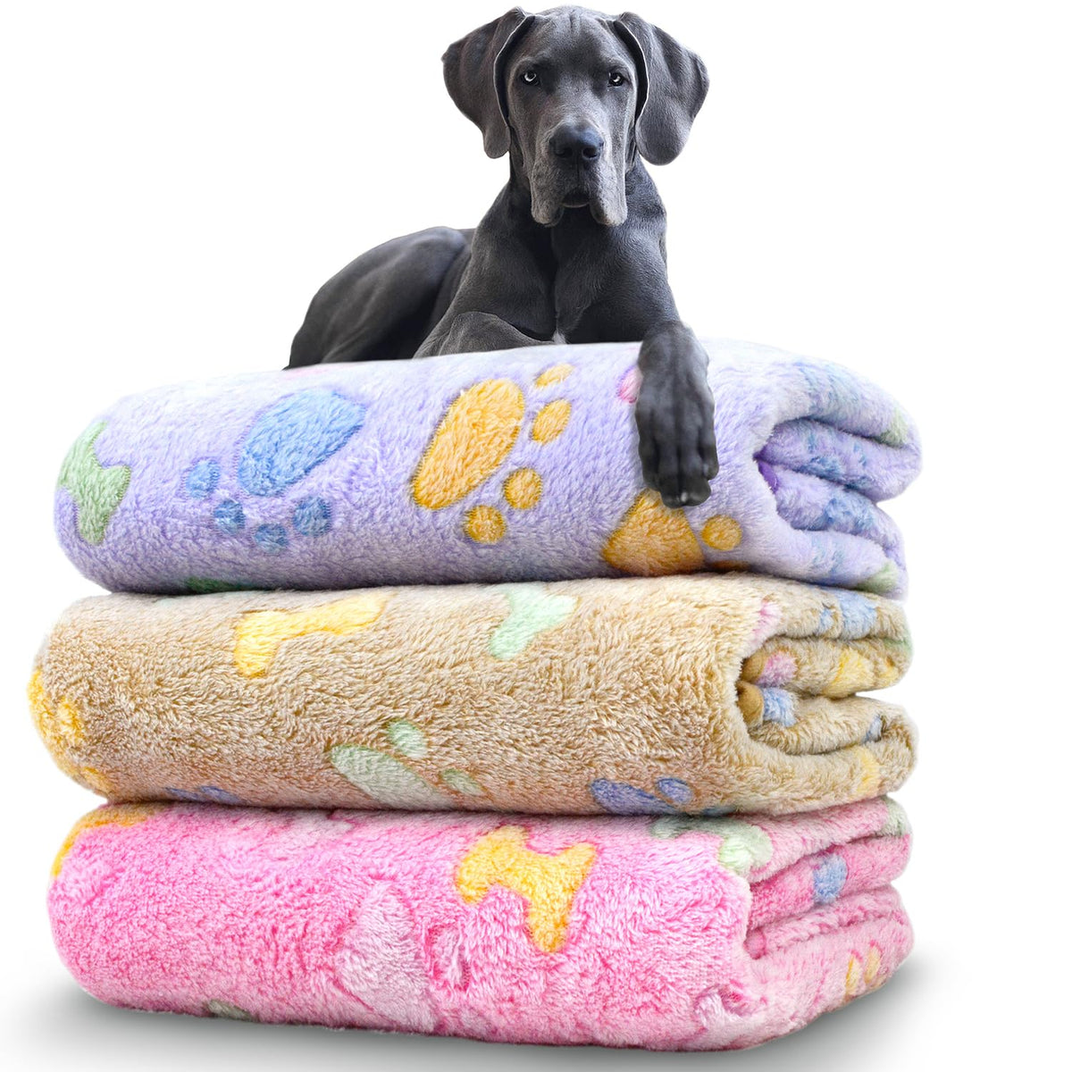 Dog Blankets for Large Dogs, 3 Pcs Dog Blanket Washable, Soft Fluffy Flannel Pet Blanket Mat Cover for Bed Couch, Cute Print Puppy Blanket 60" x 50"