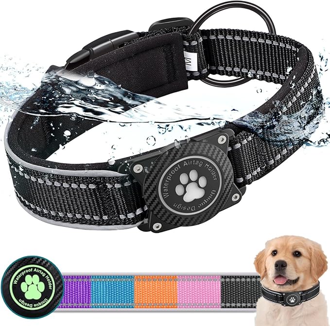 OKVSKO Airtag Dog Collar with Waterproof Air Tag Holder, Luminous Reflective, Soft Padded, Adjustable Nylon Pet Collar for Small Medium Large Heavy Duty Dogs,Black, M