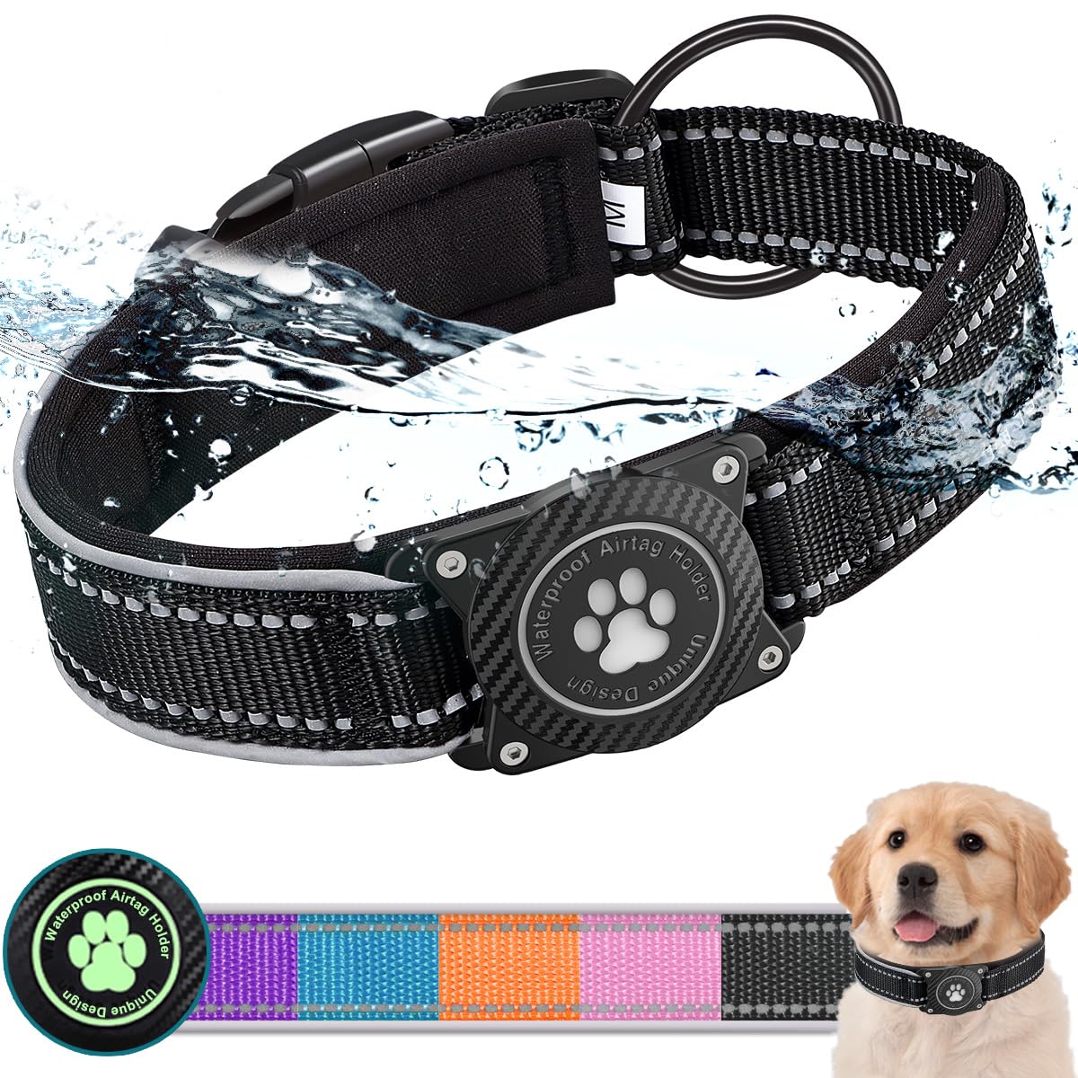 OKVSKO Airtag Dog Collar with Waterproof Air Tag Holder, Luminous Reflective, Soft Padded, Adjustable Nylon Pet Collar for Small Medium Large Heavy Duty Dogs,Black, S