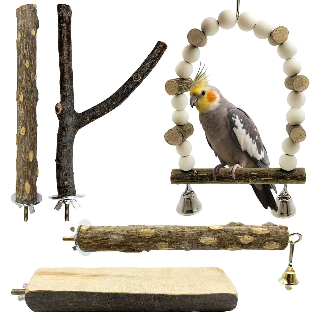5Pcs Natural Wooden Bird Perch Set – Parrot Perch Toys, Bird Cage Perches, Cage Accessories for Budgies, Cockatiels, Lovebirds, Finches, and Other Small to Medium Birds