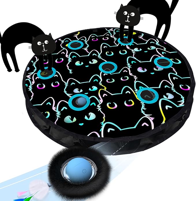 ORSDA Interactive Cat Toys Ball, Automatic Fast Rolling Ball in Pouch, Hide and Seek for Indoor Cats, Motion Chirping Activated Moving Toy, 5 Holes Mat Mouse Catching Game