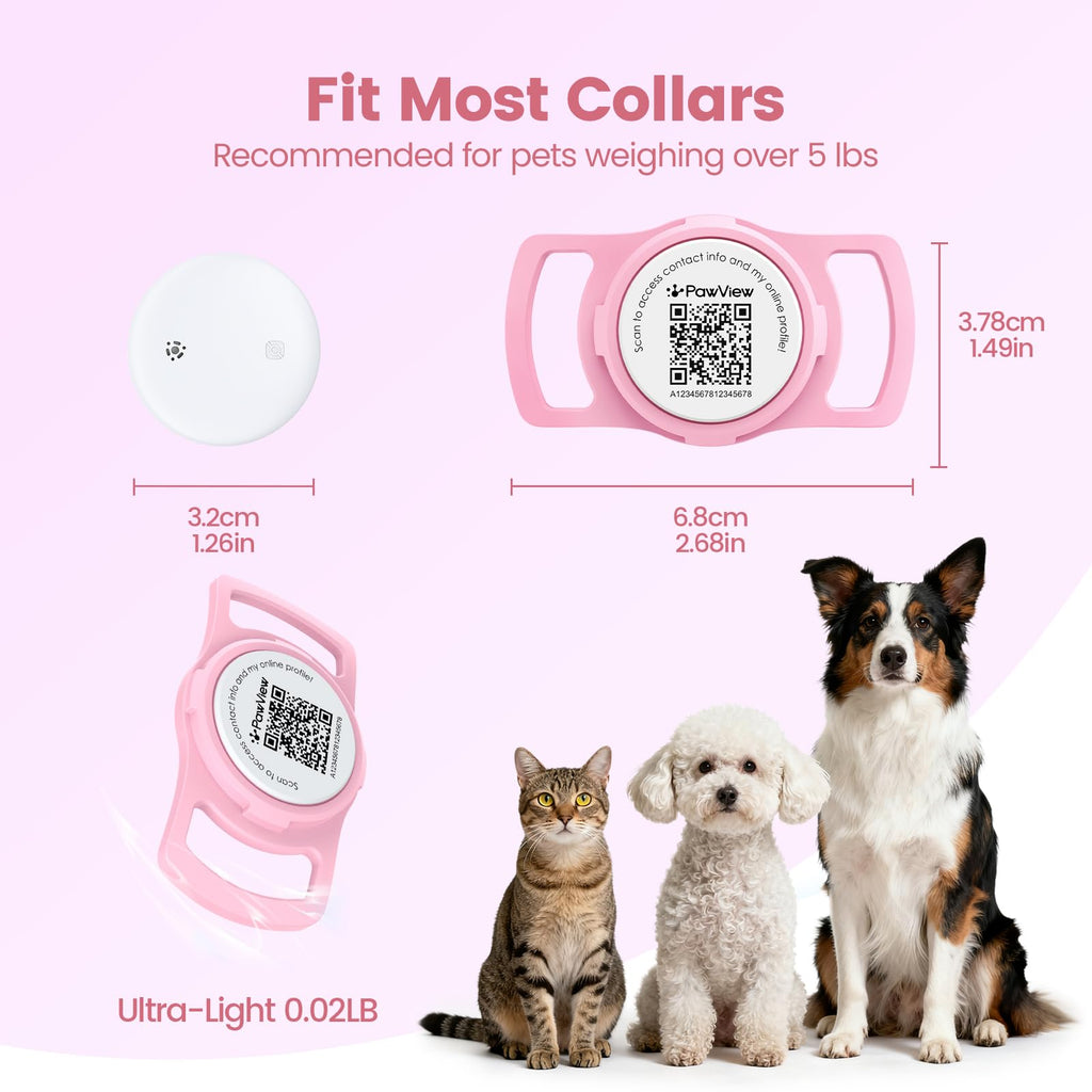 Smart Pet Tracker for Collar - Dog Trackers Location for Pet with Holder, No Monthly Fee, Real-Time Tracking, iOS Only, IPX6 Waterproof, Long-Lasting, Anti-Lost Tracker for Cats, Bag Straps,Pink