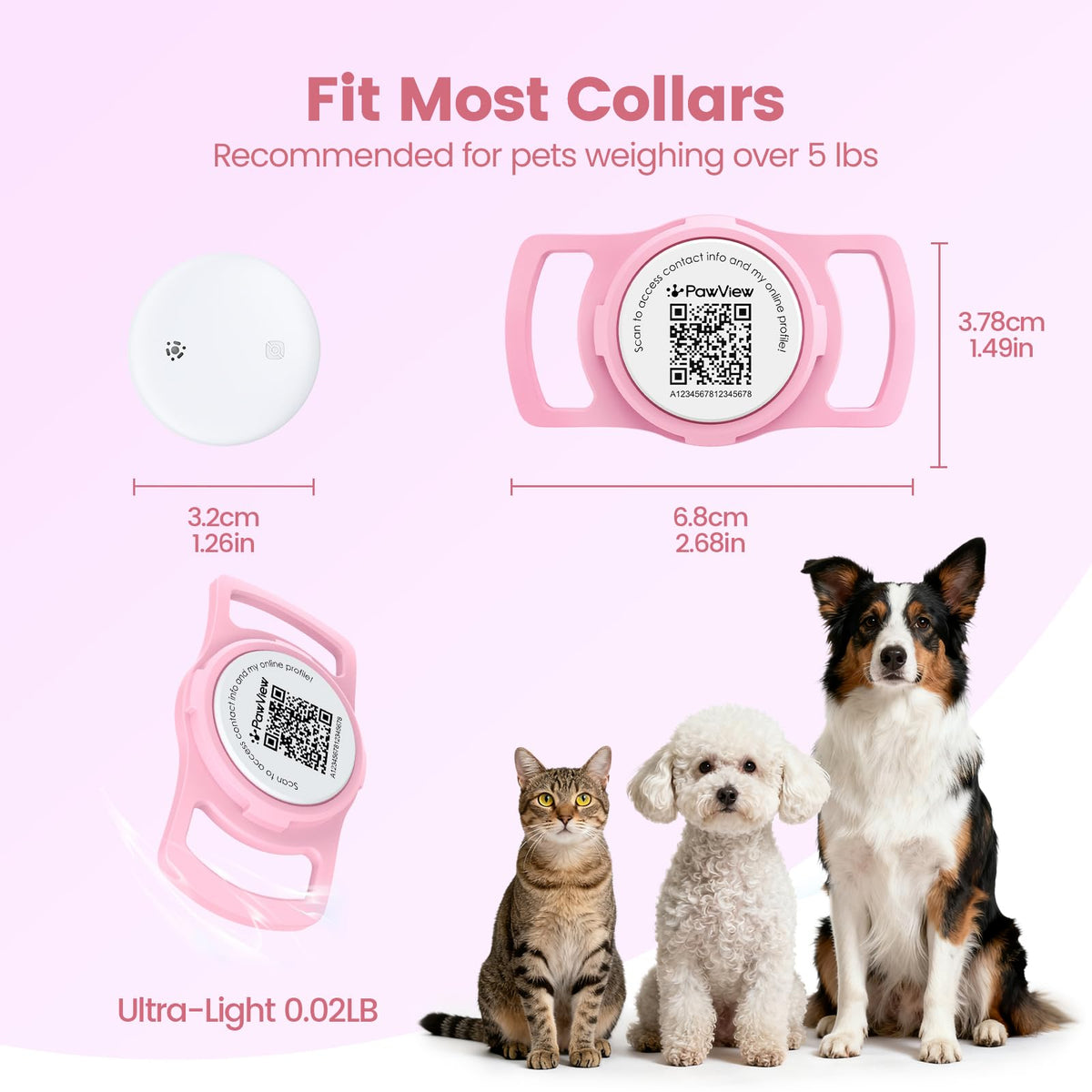 Smart Pet Tracker for Collar - Dog Trackers Location for Pet with Holder, No Monthly Fee, Real-Time Tracking, iOS Only, IPX6 Waterproof, Long-Lasting, Anti-Lost Tracker for Cats, Bag Straps,Pink