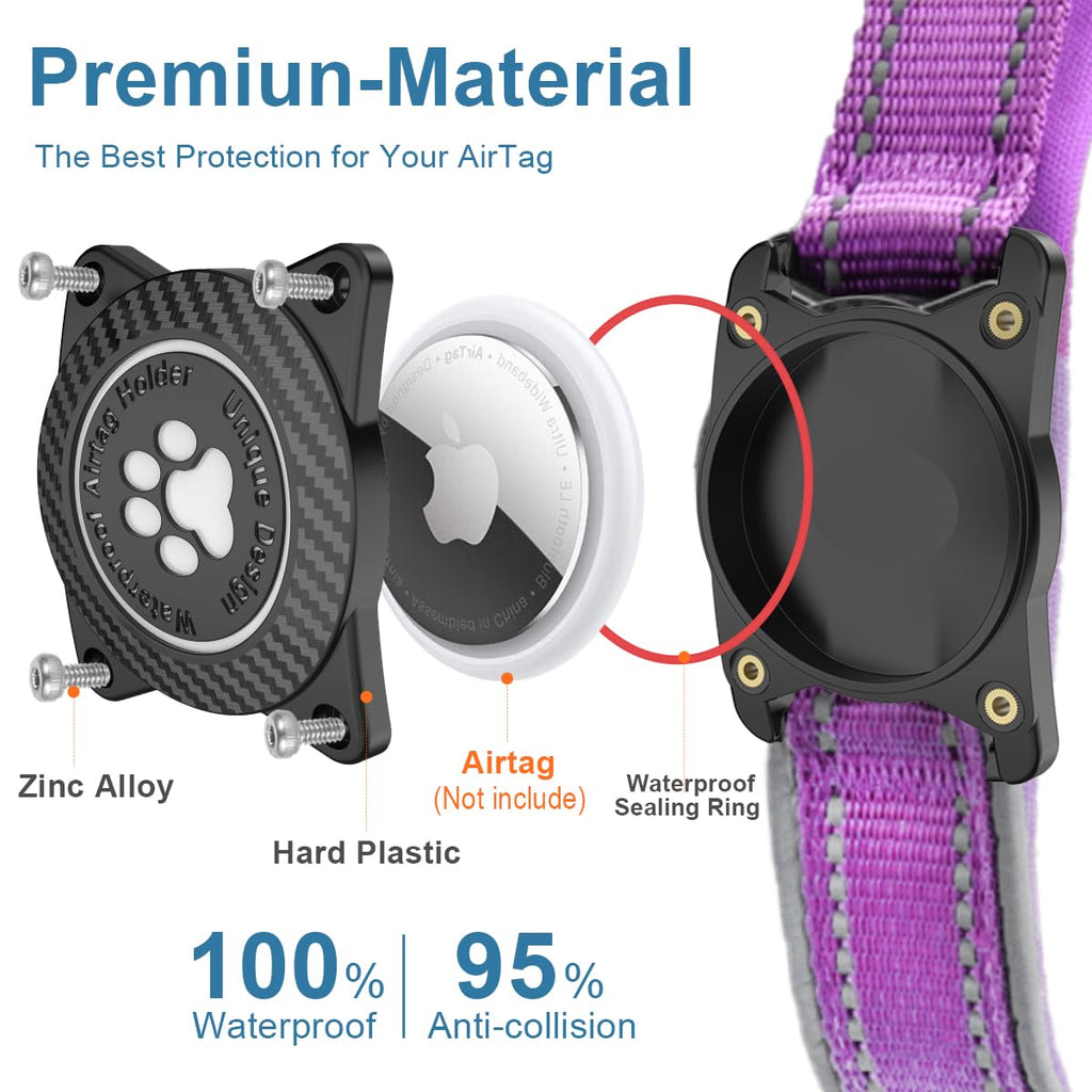 OKVSKO Airtag Dog Collar with Waterproof Air Tag Holder, Luminous Reflective, Soft Padded, Adjustable Nylon Pet Collar for Small Medium Large Heavy Duty Dogs,Purple, S