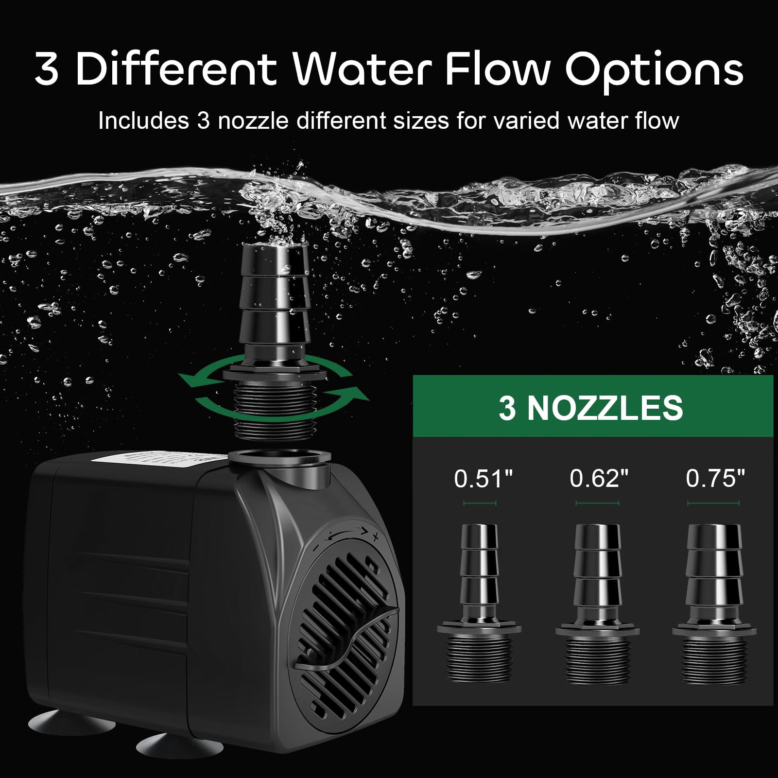 GROWNEER 550GPH Submersible Pump 30W Fountain Water Pump, 2000L/H, with 7.2ft High Lift, 3 Nozzles for Aquarium, Fish Tank, Pond, Hydroponics, Statuary, Pool