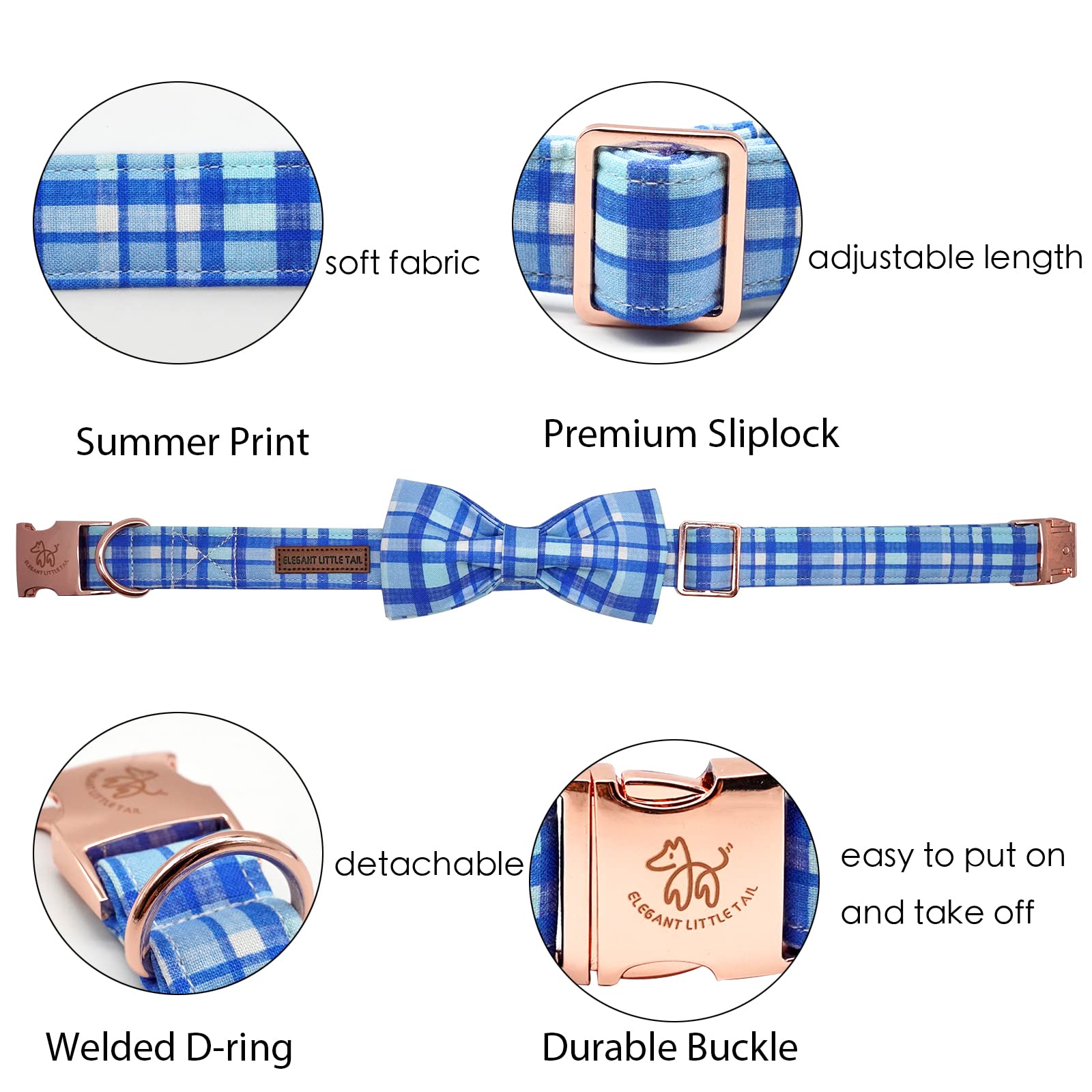 Elegant little tail Dog Collar with Bow - Blue Plaid Boy Dog Collar Cute Bowtie Pet Collar Adjustable Dog Collar for Small Puppy and Dog