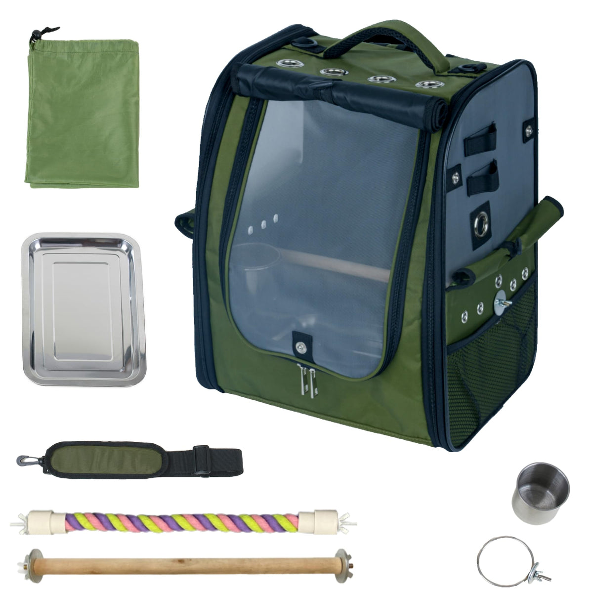 Birds Day Bird Carrier Backpack - Breathable Mesh Portable Parrot Travel Cage with 2PCS Perch, Food Bowl, and Stainless Steel Tray (Charcoal Gray)