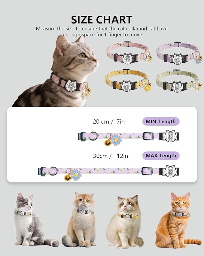 4 Pack-QR Code Cat Collar Breakaway Safe - Cotton Reflective Kitten Collar with Bell & Floral Pendant, Pink Purple Flowers Design, Customizable Online Pet ID for Lost Cats,Flower Pendan