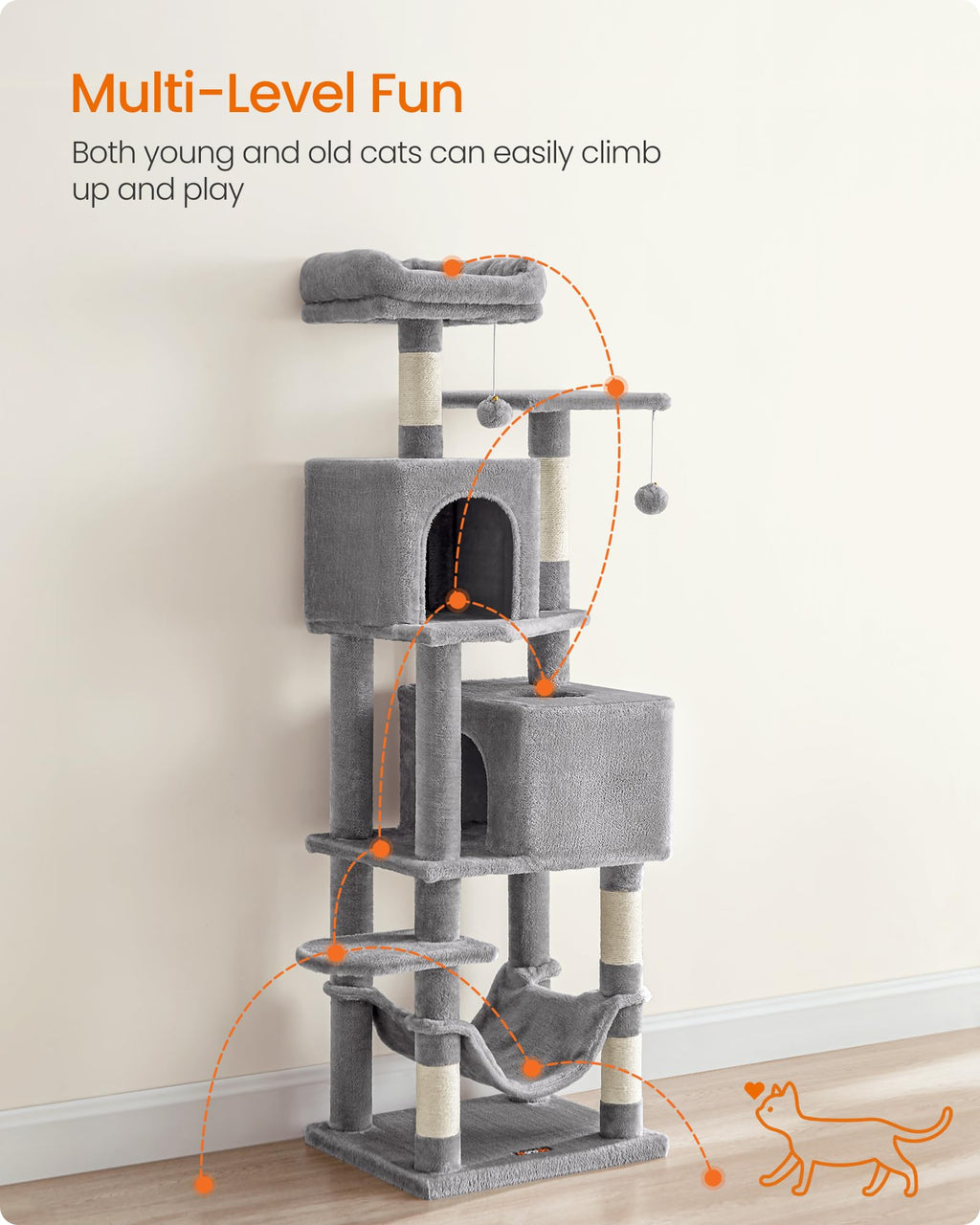 Feandrea Cat Tree, 59.5-Inch Tall Cat Tower, Plush Multi-Level Condo with 5 Scratching Posts, 2 Perches, 2 Caves, Hammock, 2 Pompoms, Light Gray UPCT192W01