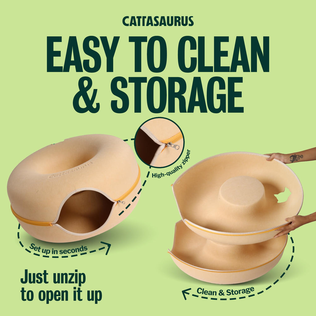 Cattasaurus Peekaboo Cat Cave Donut for Multiple & Large Cats up to 30-45 lbs, 3-in-1 Self Warming Cat Bed, Tunnel & Scratcher for Indoor Cats, Washable & Detachable Dog Bed (Pastel Macaron, Large)