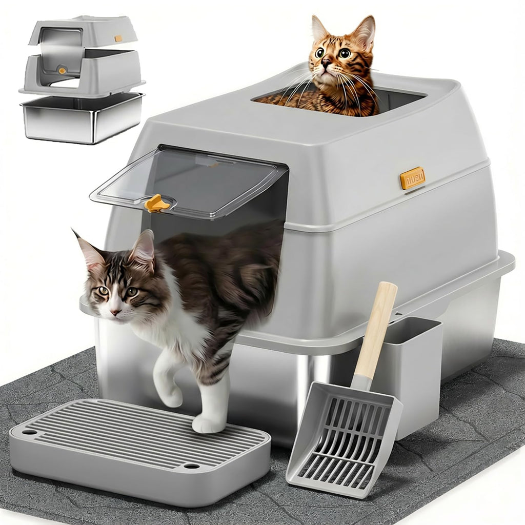 Stainless Steel Litter Box with Lid,Front Entry Top Exit Kitty LitterBox,Extra Large Enclosed Metal Cat Box with Litter Scoop & Litter Mat-Light Gray