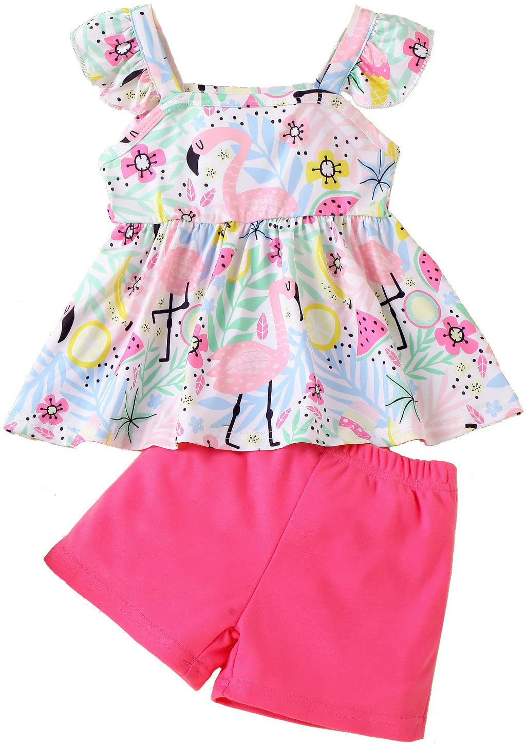 Popshion Girl's Summer 2 Piece Photoshoot Outfits Ruffle sleeve Flamingo Shirt Flower Tops and Pink Elastic Waist Shorts Pants Cute Clothes Set For Kids Size 7t/6700