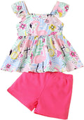 Popshion Girl's Summer 2 Piece Photoshoot Outfits Ruffle sleeve Flamingo Shirt Flower Tops and Pink Elastic Waist Shorts Pants Cute Clothes Set For Kids Size 7t/6700