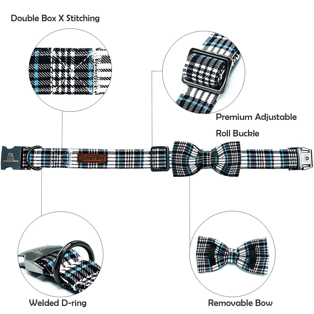 Lionheart glory Dog Bow Collar Blue and Black Plaid Dog Collar for X-Small Dogs,Boy Dog Collars with Bowtie Spring Summer Collars Soft Adjustable Pet Collar Bows
