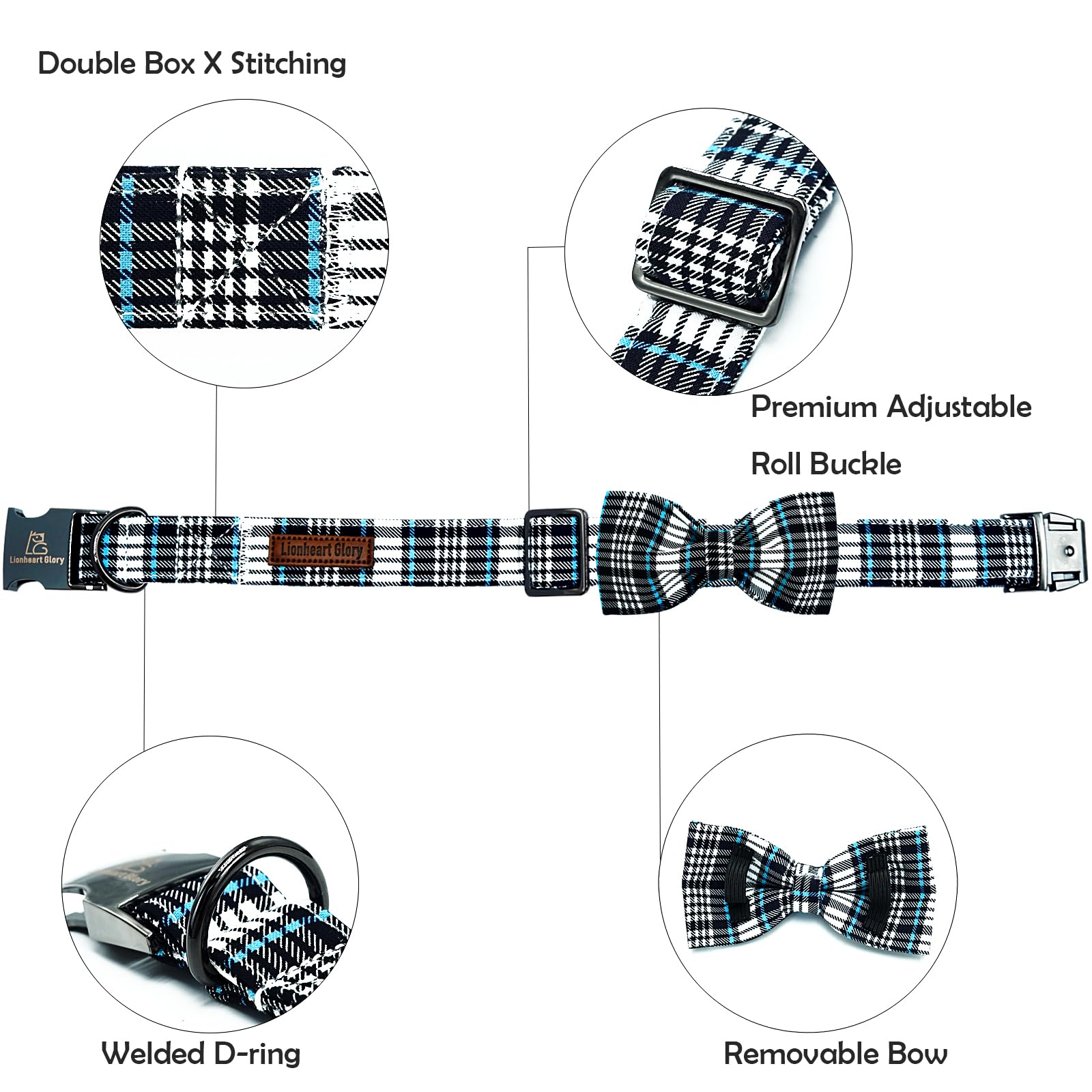 Lionheart glory Dog Bow Collar Blue and Black Plaid Dog Collar for X-Small Dogs,Boy Dog Collars with Bowtie Spring Summer Collars Soft Adjustable Pet Collar Bows