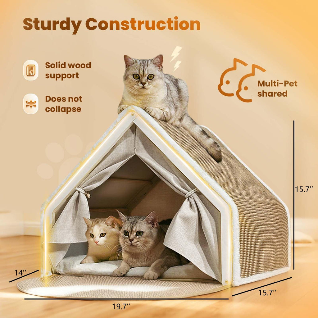 Cat Houses for Indoor Cats - 4 Seasons Cat Bed Cave with Natural Sisal Cat Scratcher Mat, Solid Wood Frame Cat House with Curtains and Cat Floor Scratching Pad Rug, Protect Couch and Carpets, M