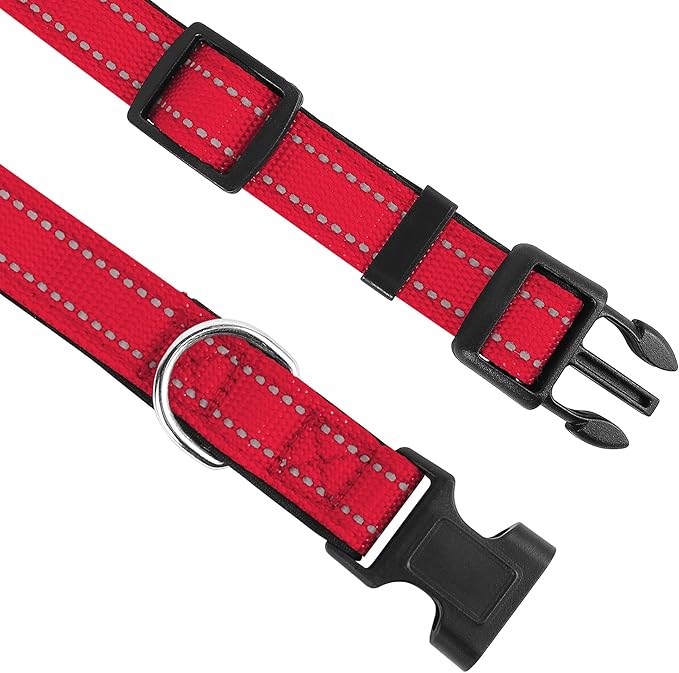 Reflective Dog Collar, Adjustable Soft Neoprene Padded Nylon Pet Collars with Buckle for Puppy and Small Dogs, Cats, Red,XS