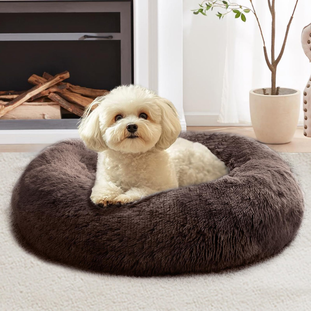 JOLLYVOGUE Calming Dog Bed for Small Dogs - 23 inches Donut Washable Small Dog Bed for Kittens & Puppies, Anti-Slip Round Fluffy Plush Faux Fur Cat Beds (Fits up to 25 lbs Pets, Purple)