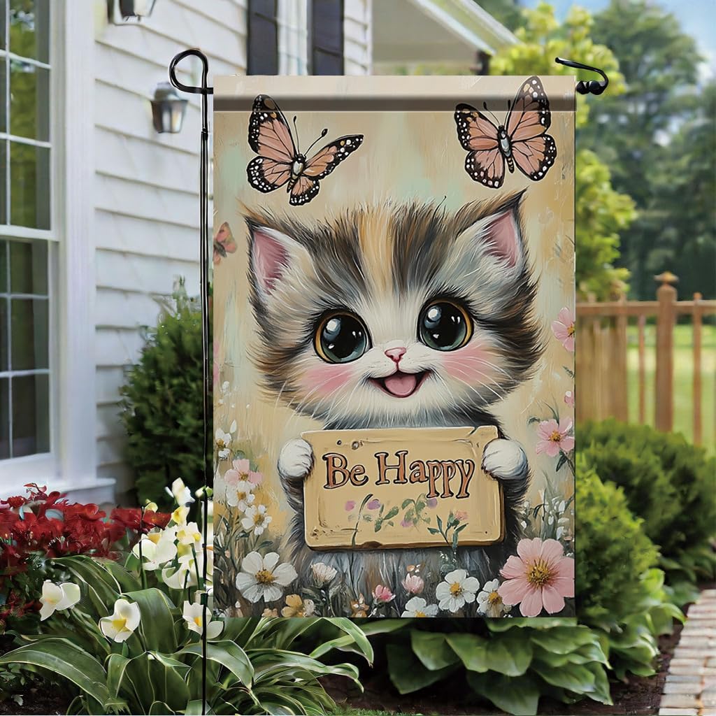 Tomhong Be Happy Cat Garden Flag 12x18 Inch Double Sided Outdoor Yard Banner Cute Kitten with Butterflies and Flowers for Spring Summer Patio Porch Lawn Home Decoration