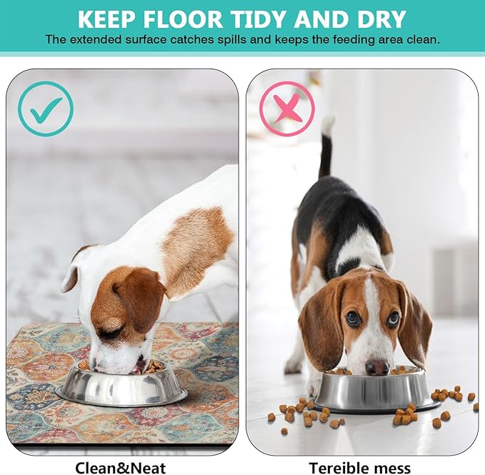 Moroccan Trellis Dog Food & Water Mat, Mexican Talavera Boho Colorful Pet Feeding Mat for Floor Non-Slip Waterproof, Super Absorbent Cat Bowl Mat, Easy to Clean Durable Pet Placemat,17" × 30"