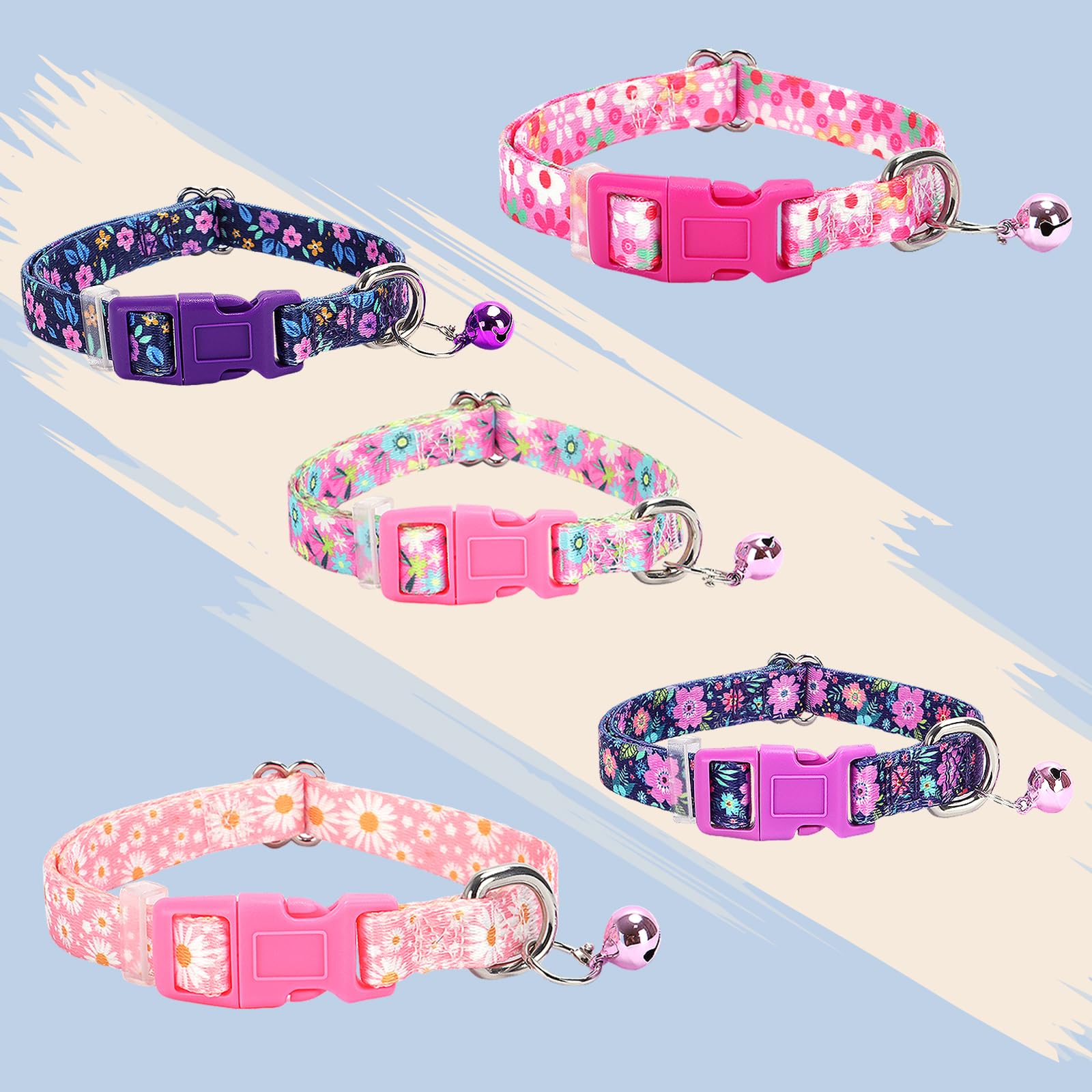Pink Daisy Dog Collar with Bell,XS XXS Kitten Collars Girls with Buckle