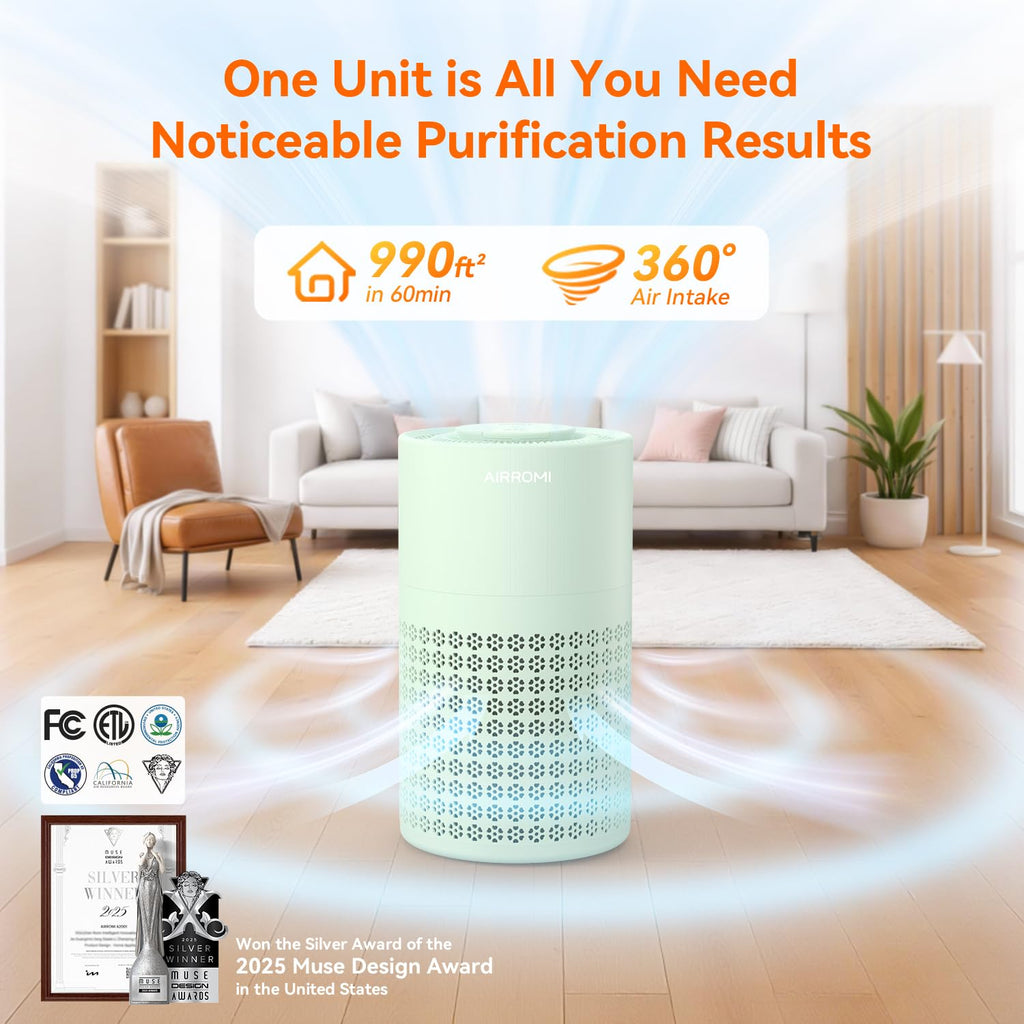AIRROMI Air Purifier for Bedroom with HEPA 3-in-1 Filter, Pet Air Purifier for Home Cat Pee Smell, Covers Upto 990 Ft², Quiet 360°intake Air Cleaner for pet hair,allergies,Dust,Smoke A2001 Green